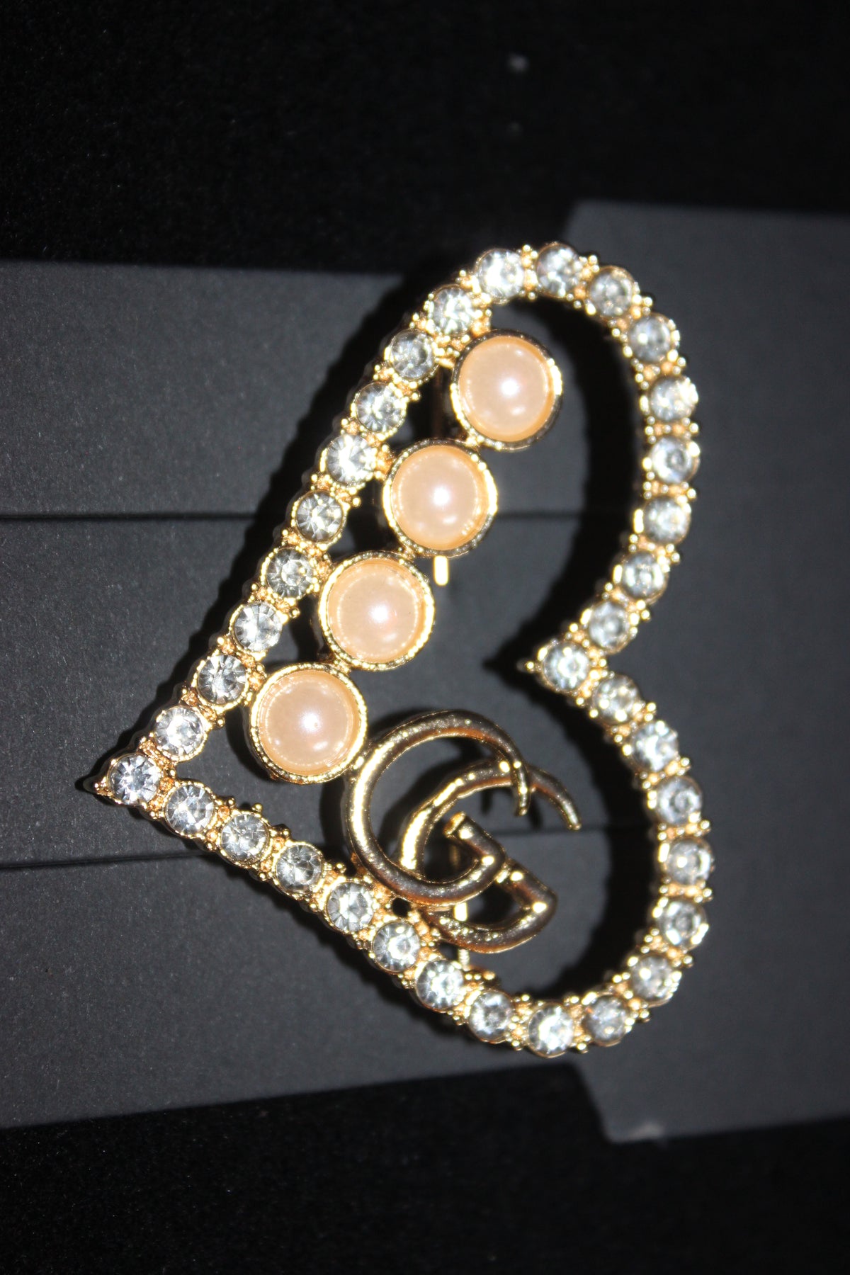 Gold Pearl & Rhinestone Heart Brooch Pin