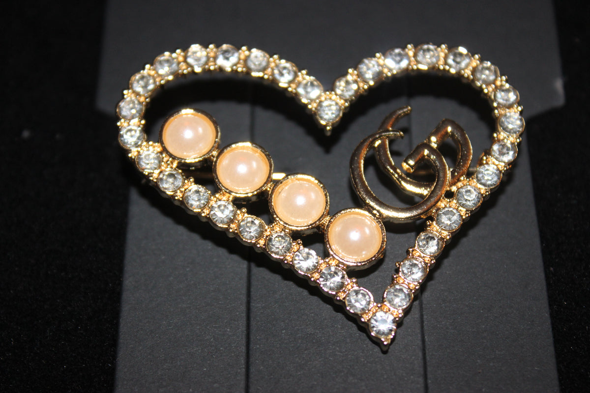 Gold Pearl & Rhinestone Heart Brooch Pin
