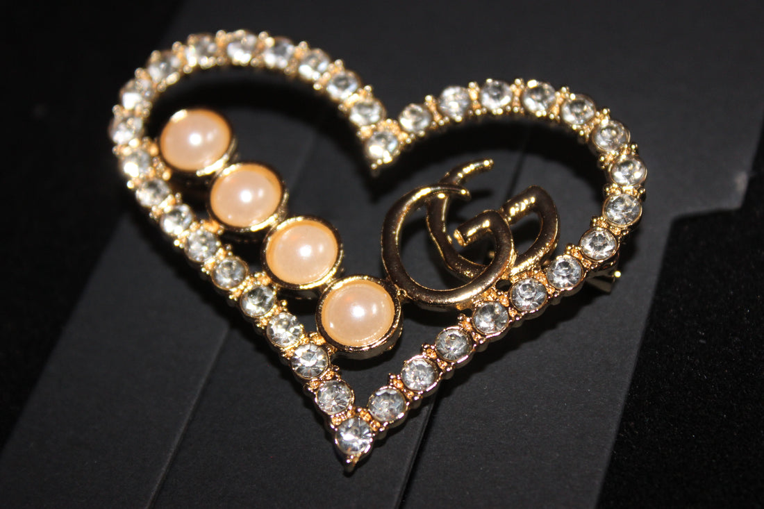 Gold Pearl & Rhinestone Heart Brooch Pin