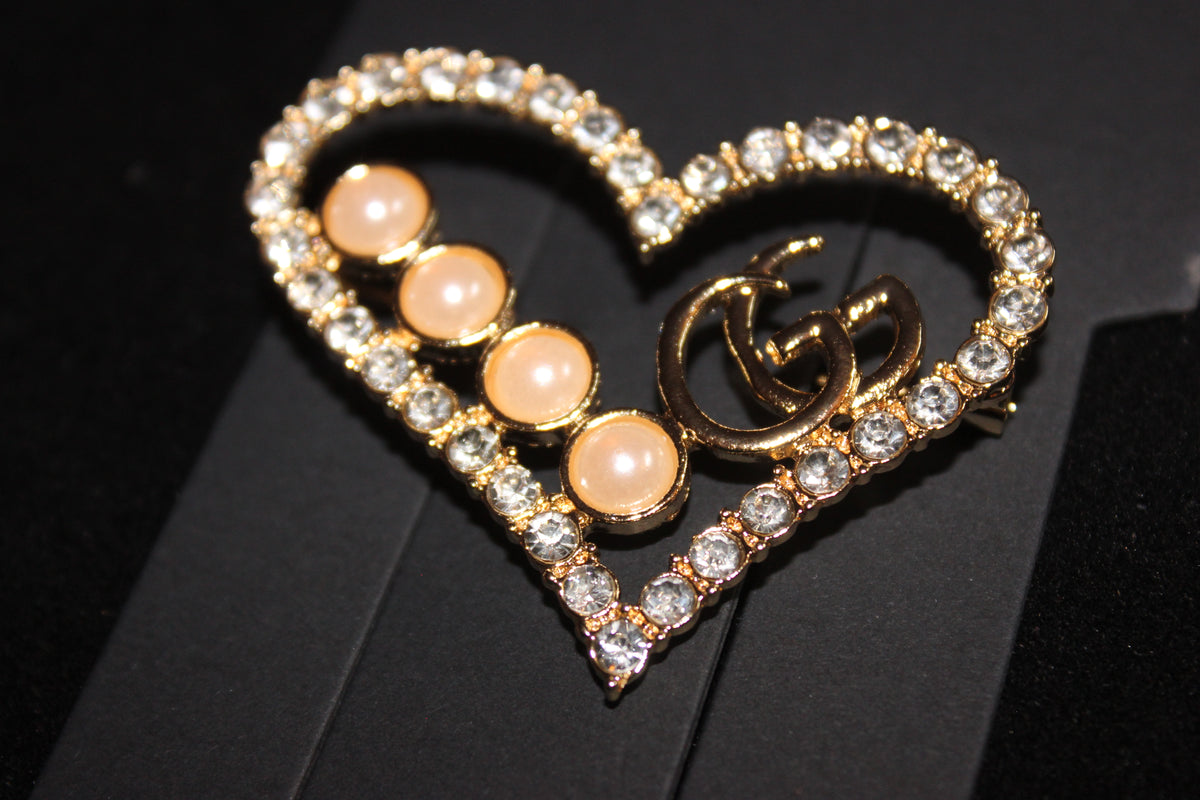 Gold Pearl & Rhinestone Heart Brooch Pin