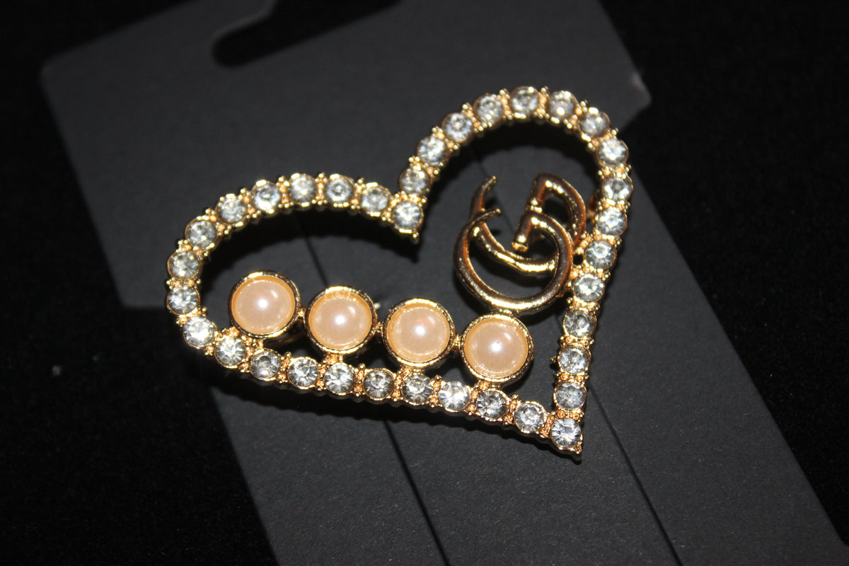 Gold Pearl & Rhinestone Heart Brooch Pin