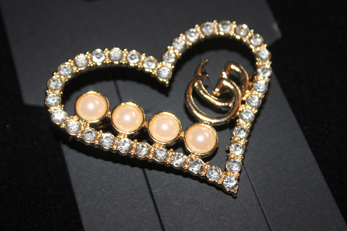 Gold Pearl & Rhinestone Heart Brooch Pin