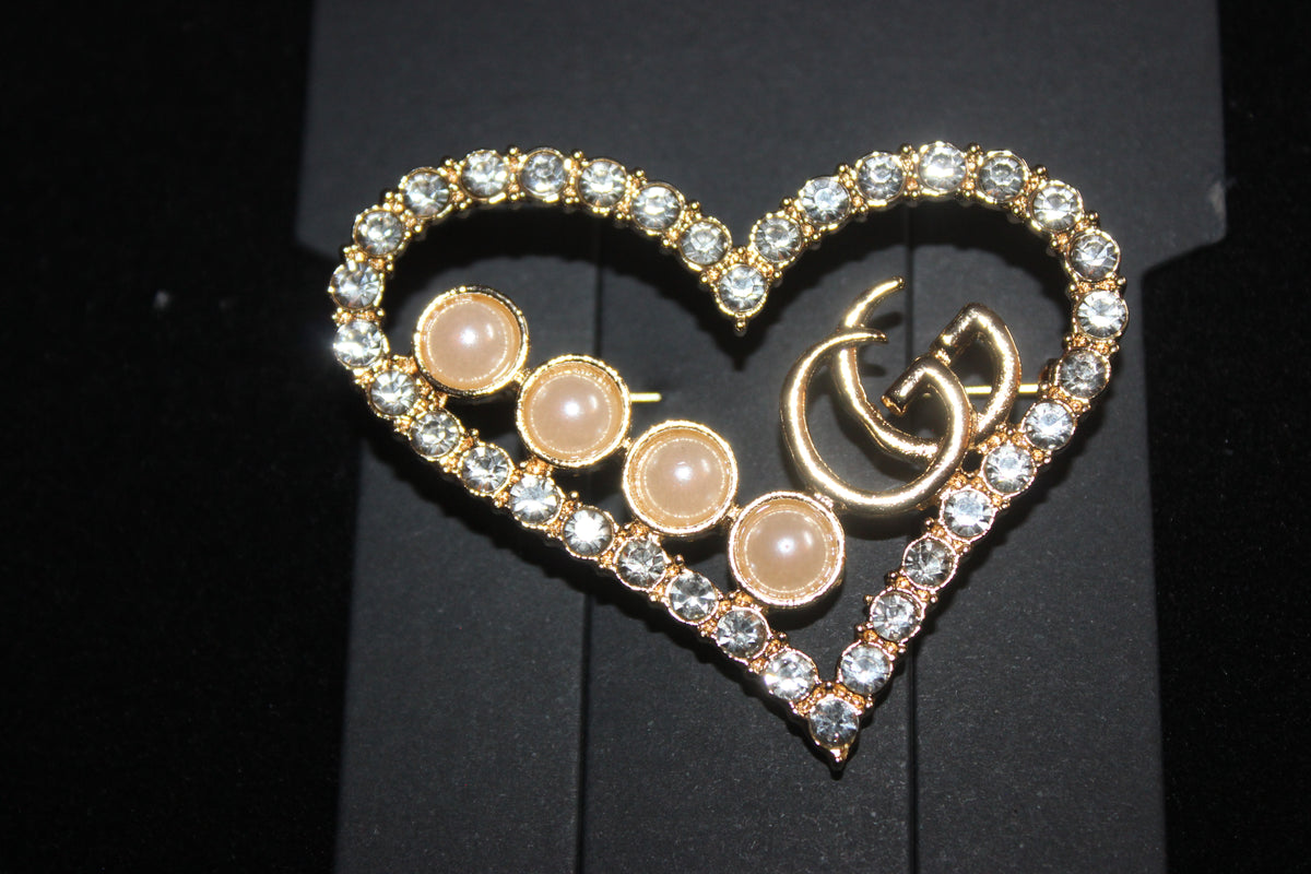Gold Pearl & Rhinestone Heart Brooch Pin