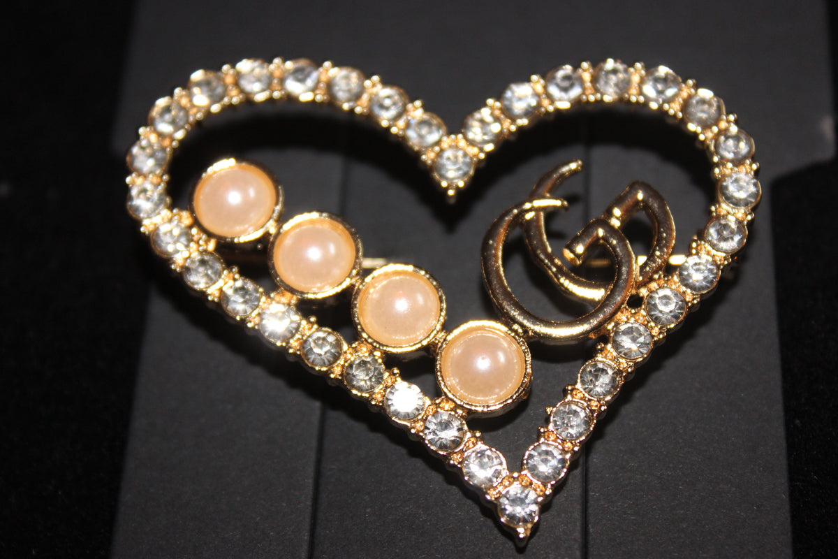 Gold Pearl & Rhinestone Heart Brooch Pin