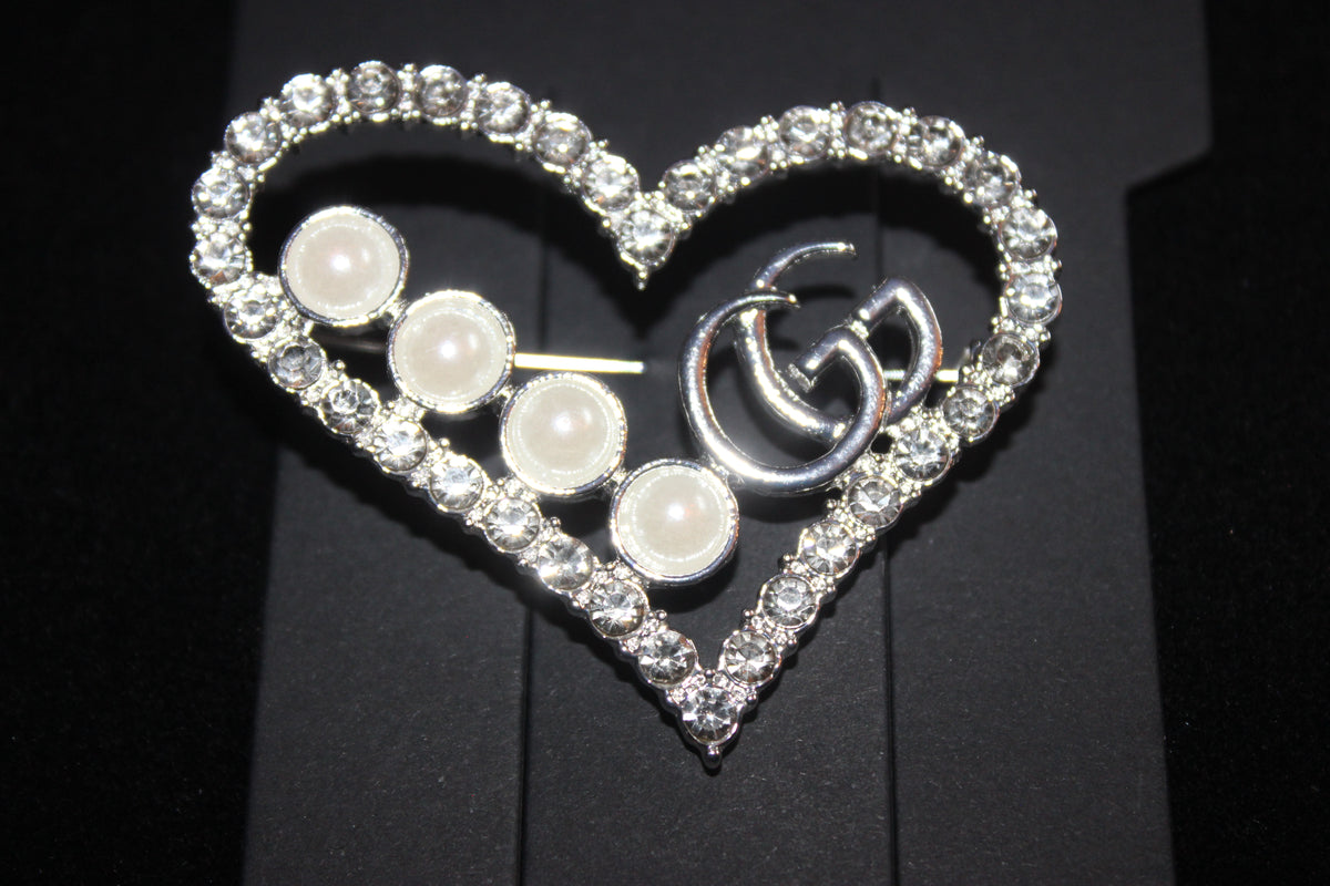 Heart Pearl & Silver Rhinestone Brooch Pin