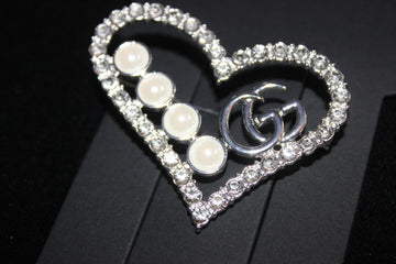 Heart Pearl & Silver Rhinestone Brooch Pin
