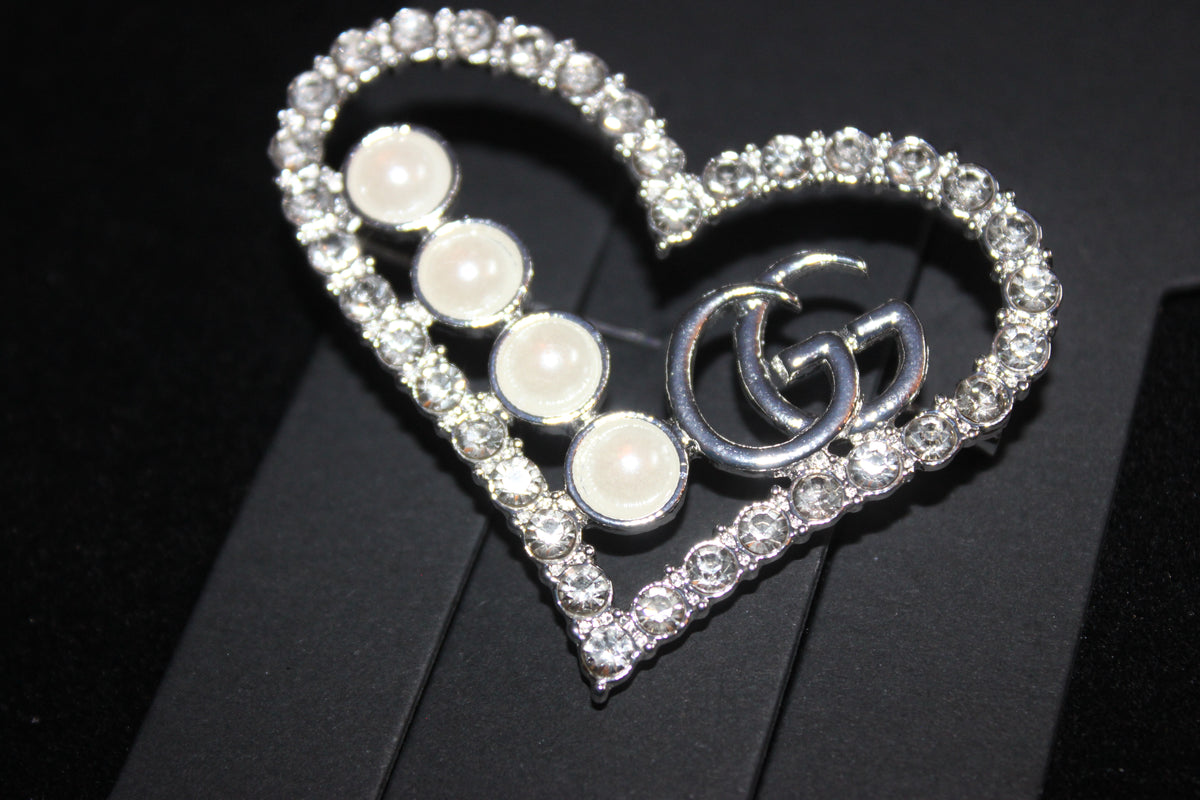 Heart Pearl & Silver Rhinestone Brooch Pin