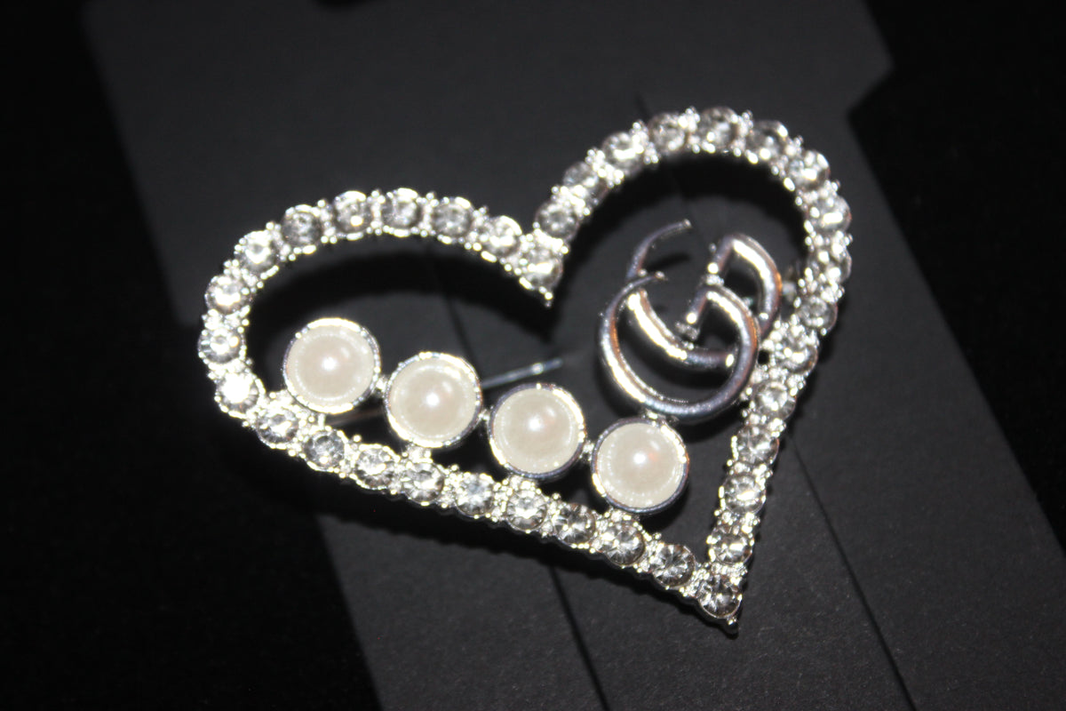 Heart Pearl & Silver Rhinestone Brooch Pin