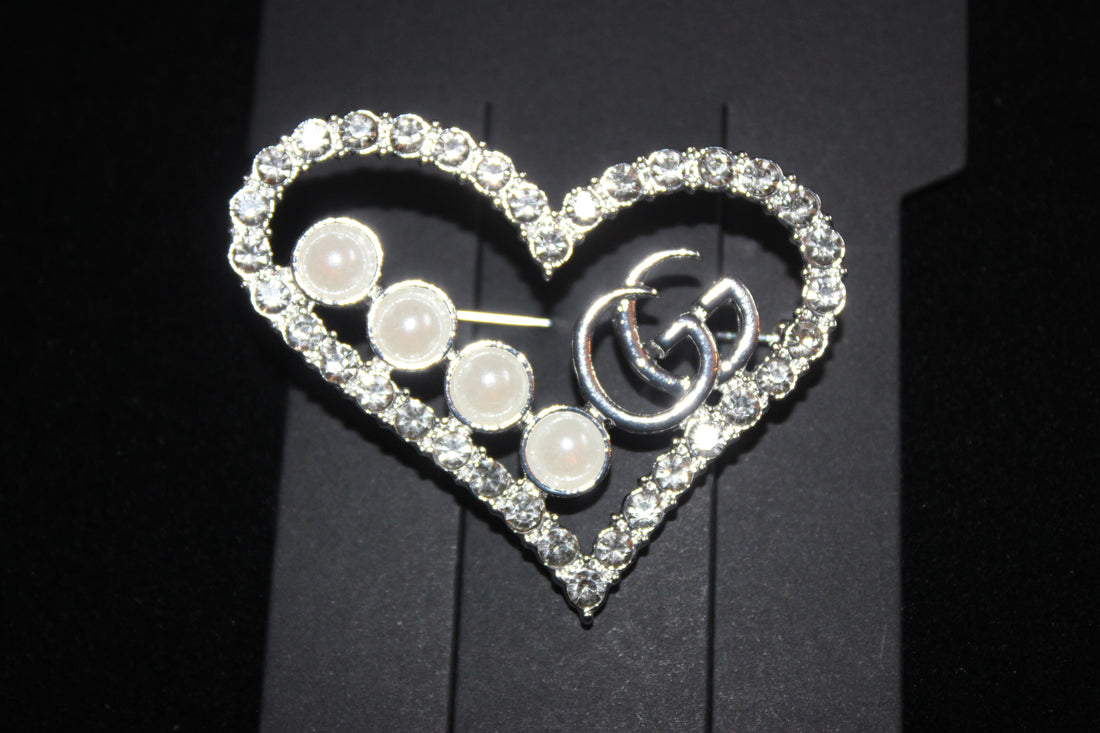 Heart Pearl & Silver Rhinestone Brooch Pin