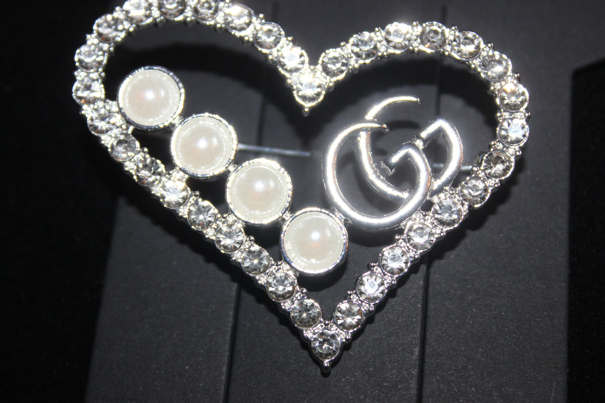 Heart Pearl & Silver Rhinestone Brooch Pin