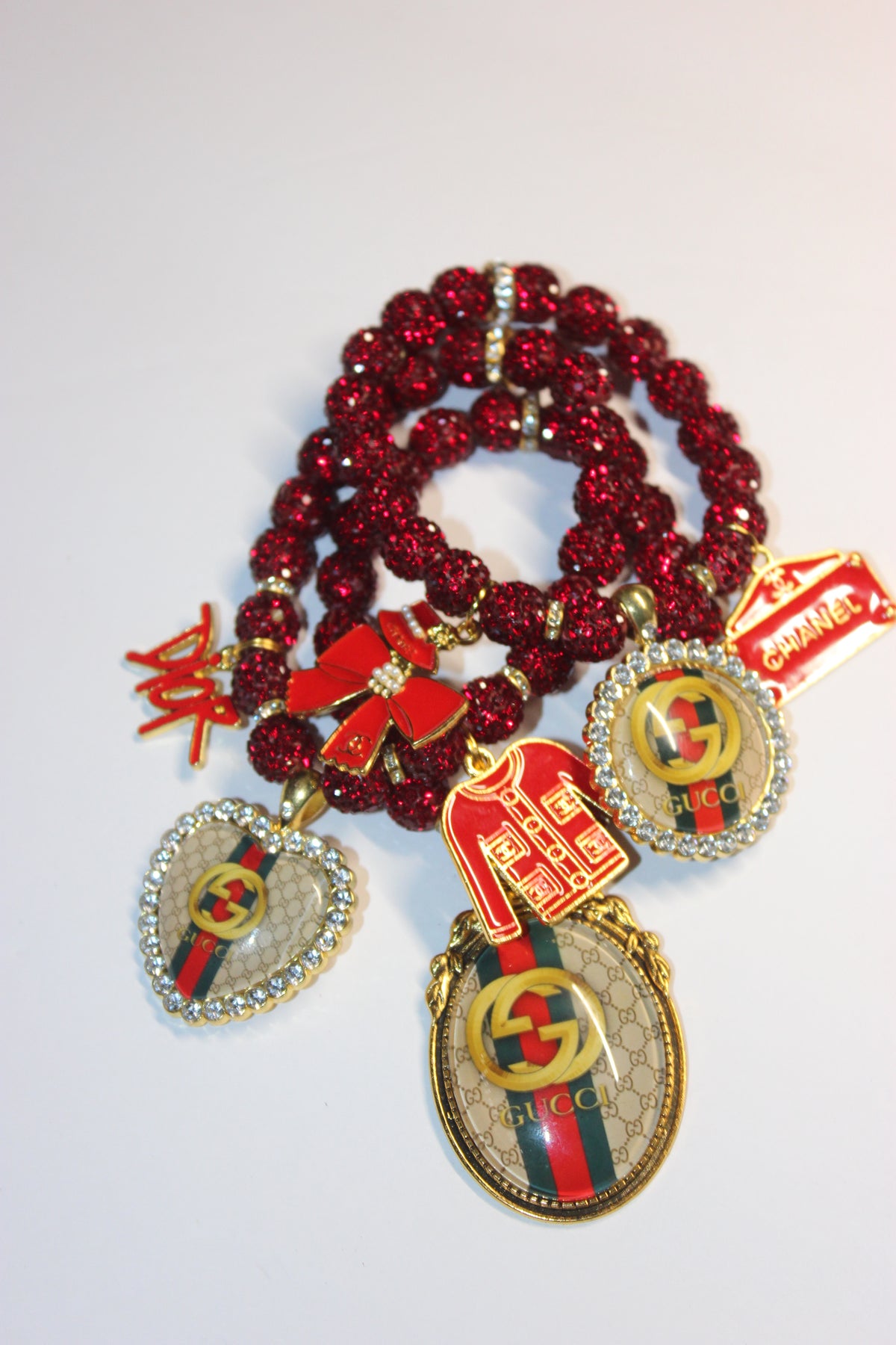 3 Piece Red & Gold Rhinestone Charm Bracelet Set