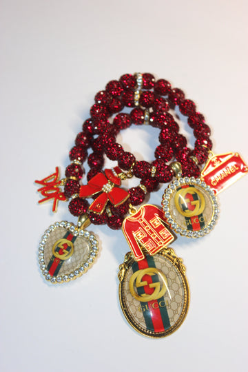 3 Piece Red & Gold Rhinestone Charm Bracelet Set
