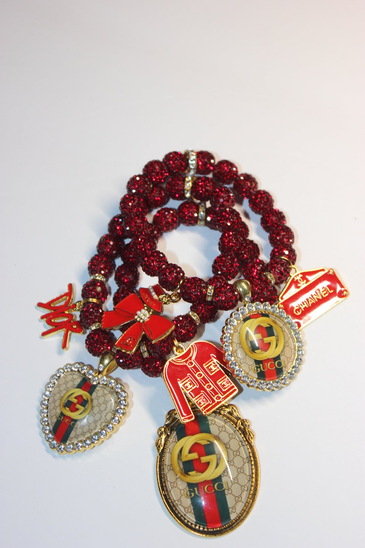 3 Piece Red & Gold Rhinestone Charm Bracelet Set