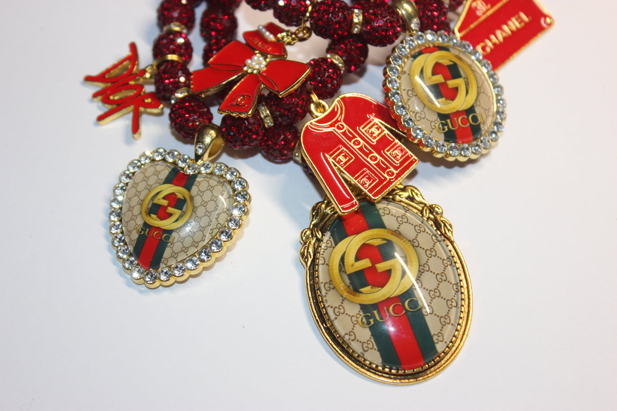 3 Piece Red & Gold Rhinestone Charm Bracelet Set