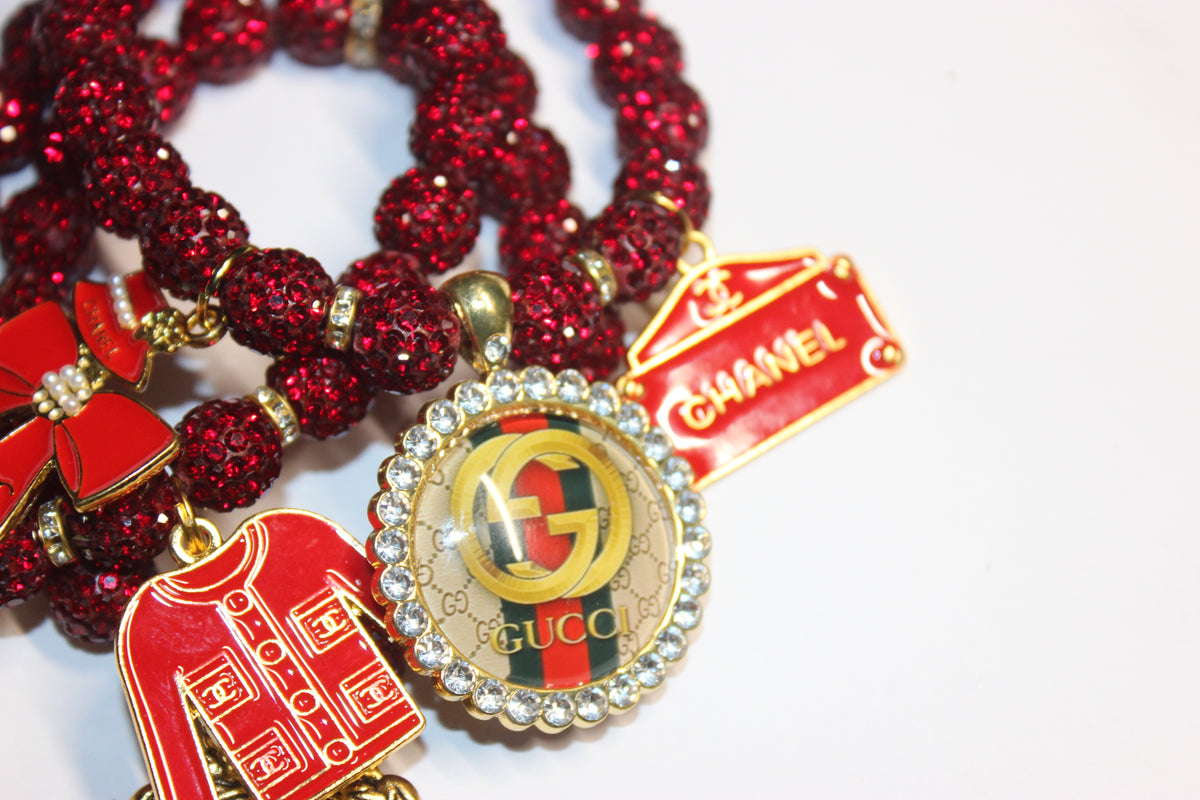3 Piece Red & Gold Rhinestone Charm Bracelet Set