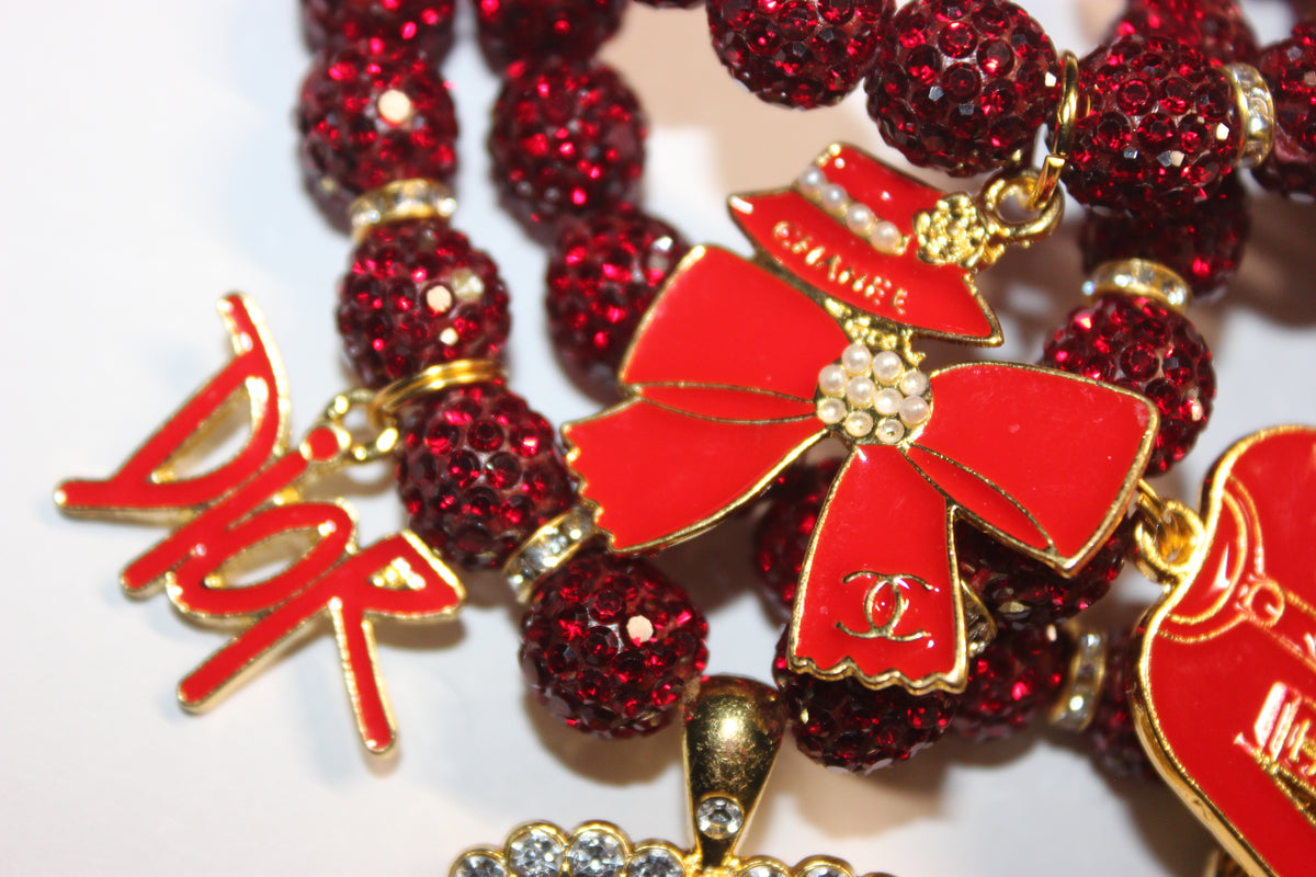 3 Piece Red & Gold Rhinestone Charm Bracelet Set