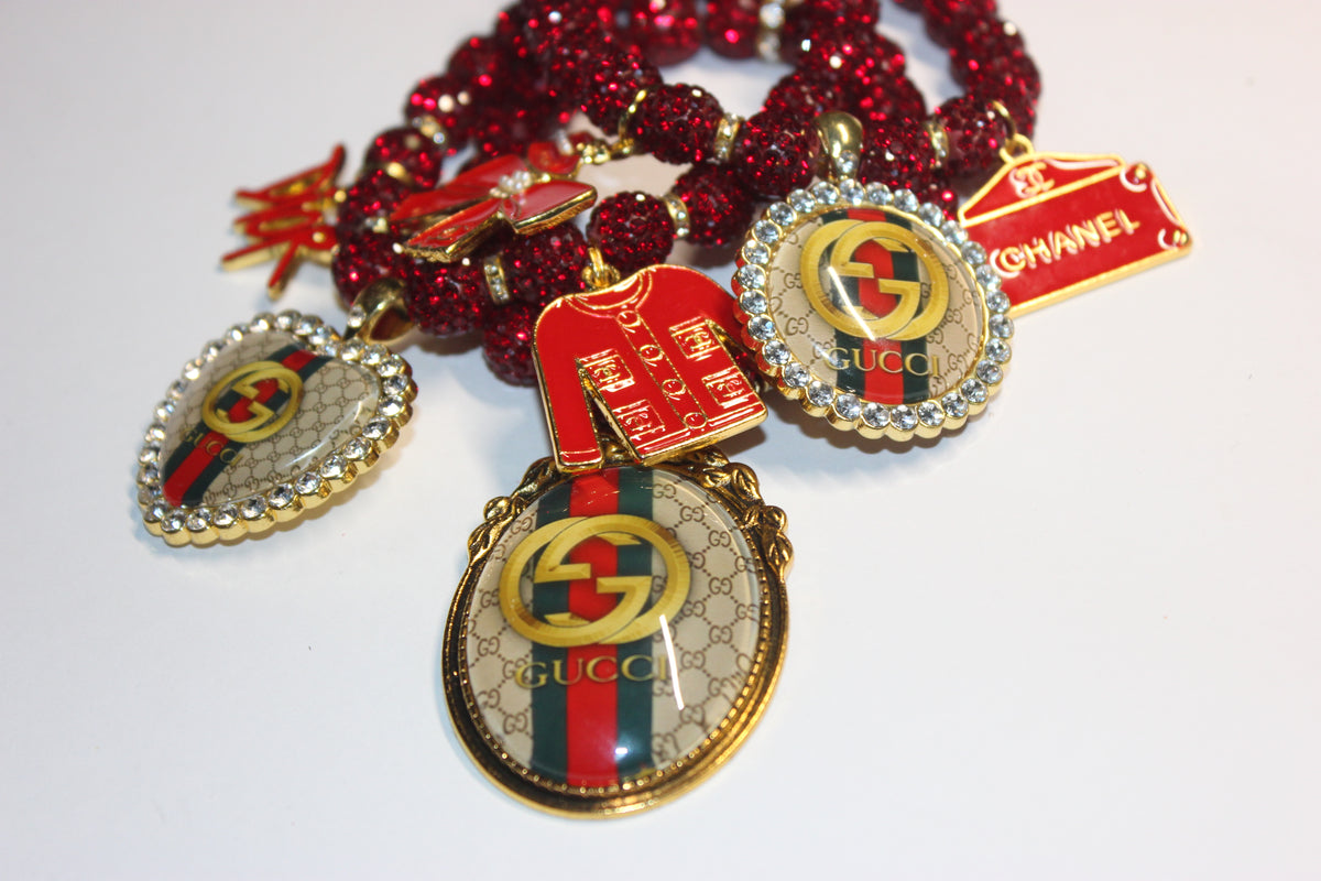 3 Piece Red & Gold Rhinestone Charm Bracelet Set