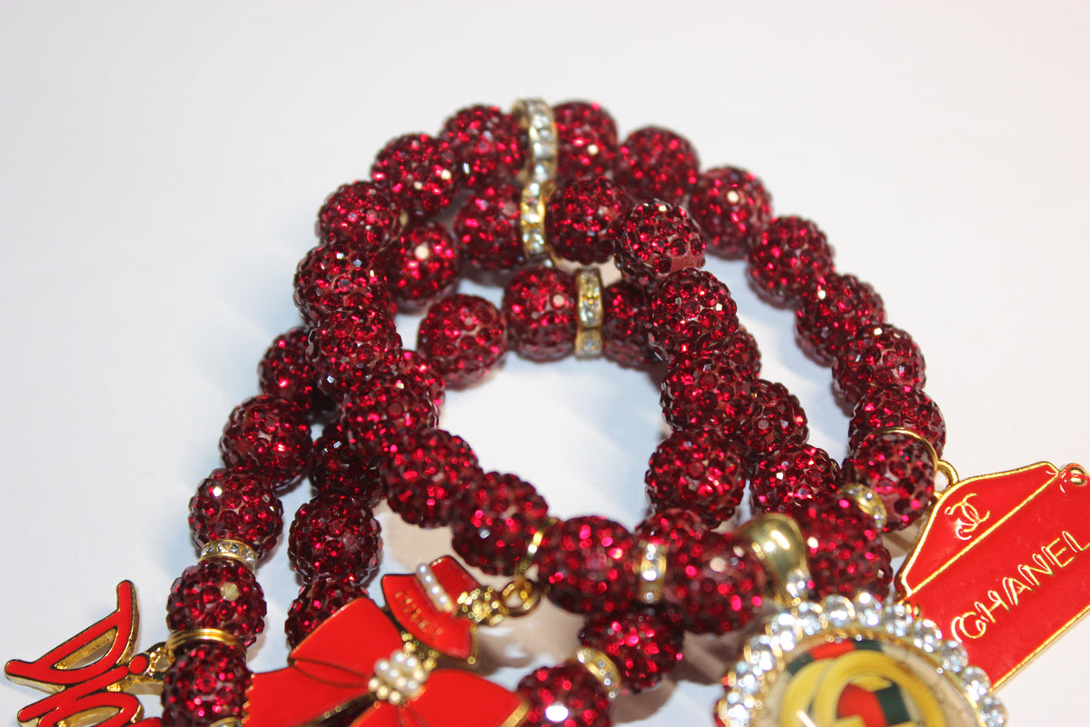 3 Piece Red & Gold Rhinestone Charm Bracelet Set