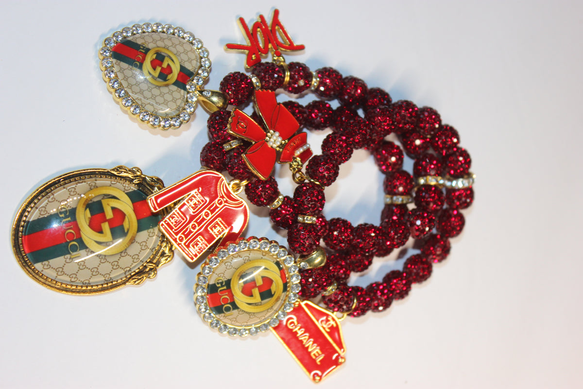 3 Piece Red & Gold Rhinestone Charm Bracelet Set