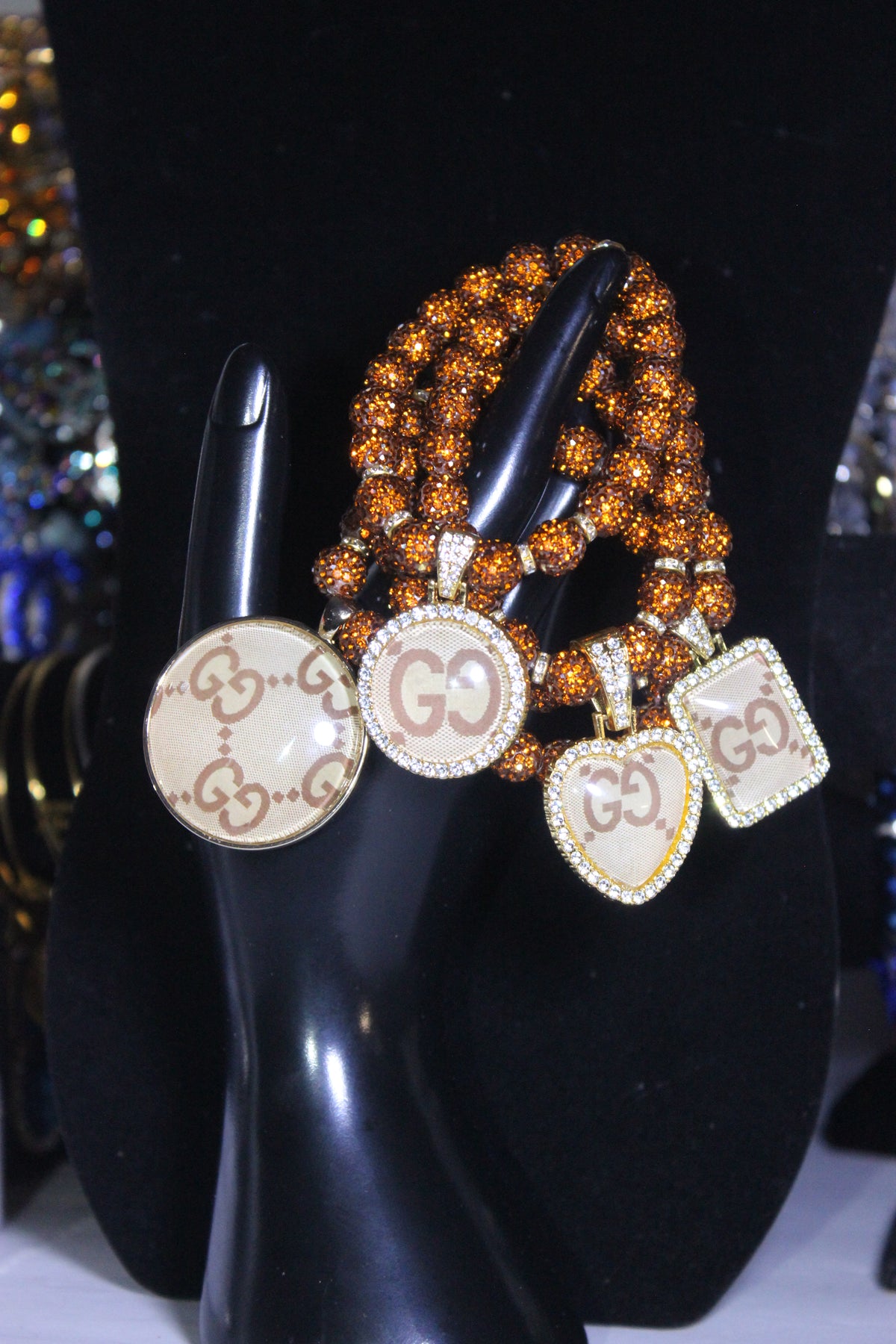 Brown & Gold Rhinestone Charm Bracelet Set (4 Piece)