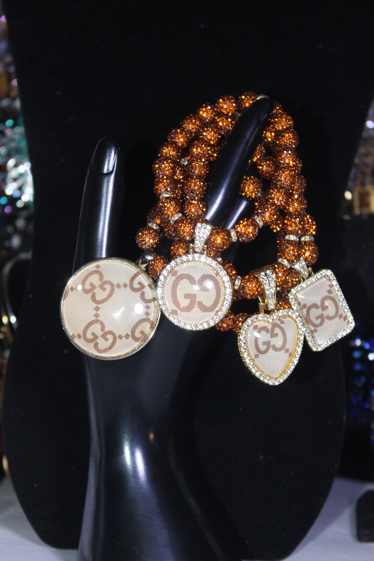 Brown & Gold Rhinestone Charm Bracelet Set (4 Piece)