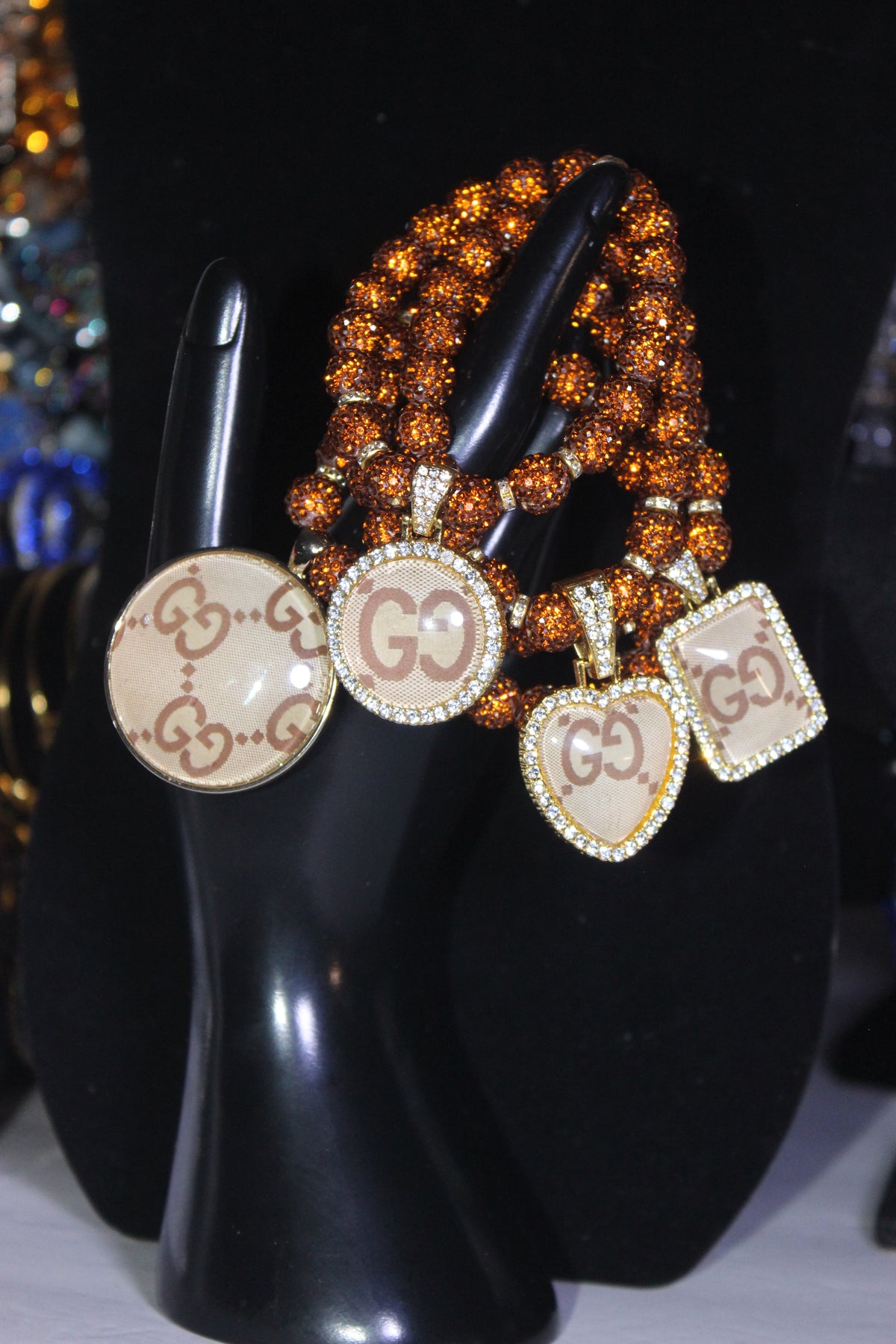 Brown & Gold Rhinestone Charm Bracelet Set (4 Piece)