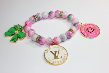 1 Pink Green White w/ Gold Charm Bracelet