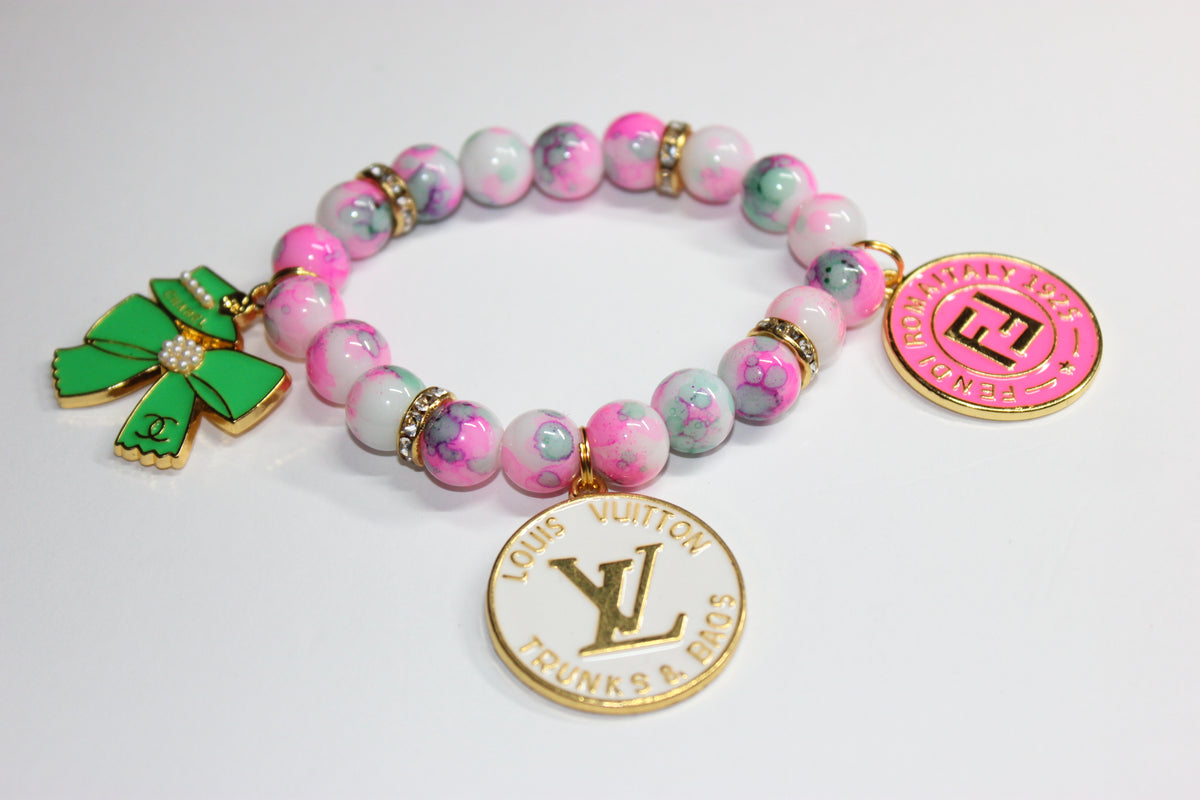 1 Pink Green White w/ Gold Charm Bracelet