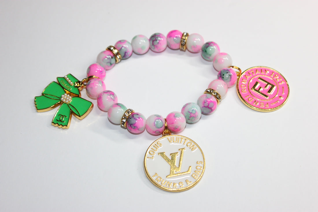 1 Pink Green White w/ Gold Charm Bracelet