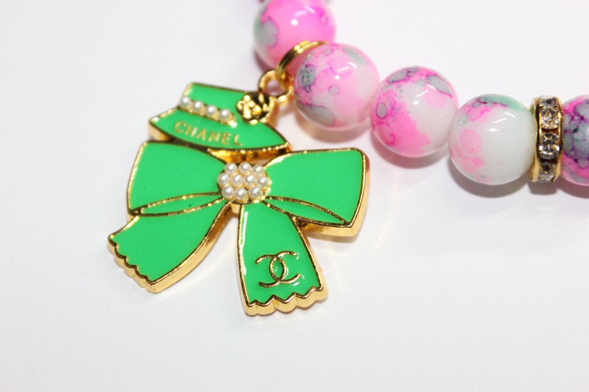 1 Pink Green White w/ Gold Charm Bracelet