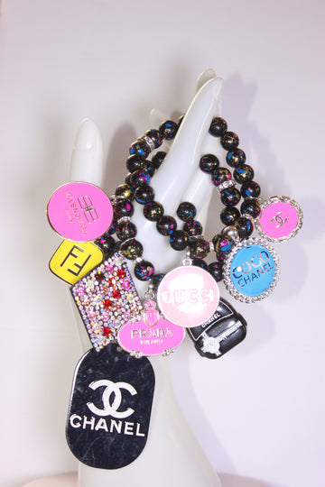 Black Multicolored 3 Piece Charm Bracelet Set (Silver)