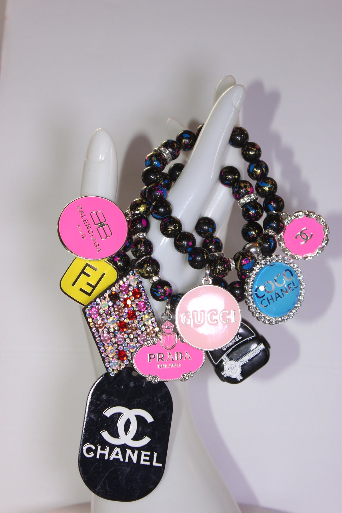 Black Multicolored 3 Piece Charm Bracelet Set (Silver)