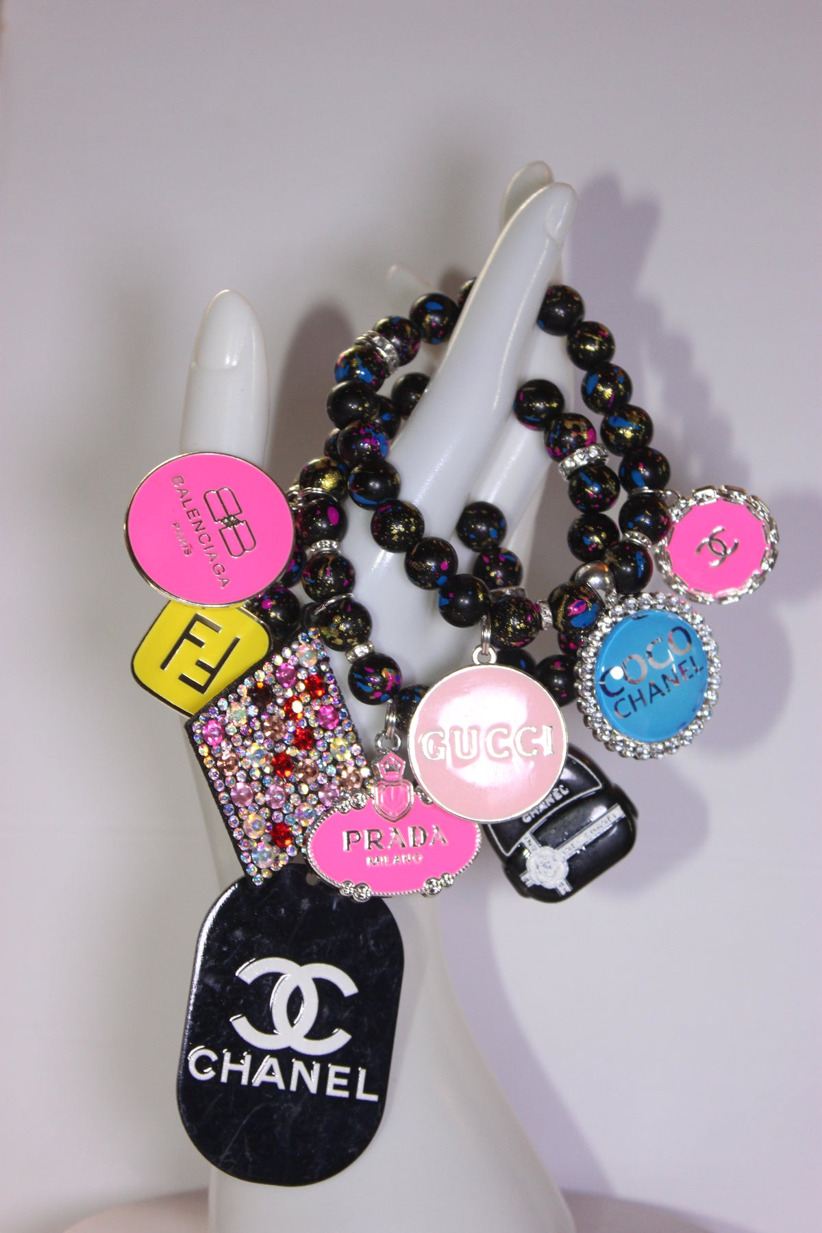 Black Multicolored 3 Piece Charm Bracelet Set (Silver)