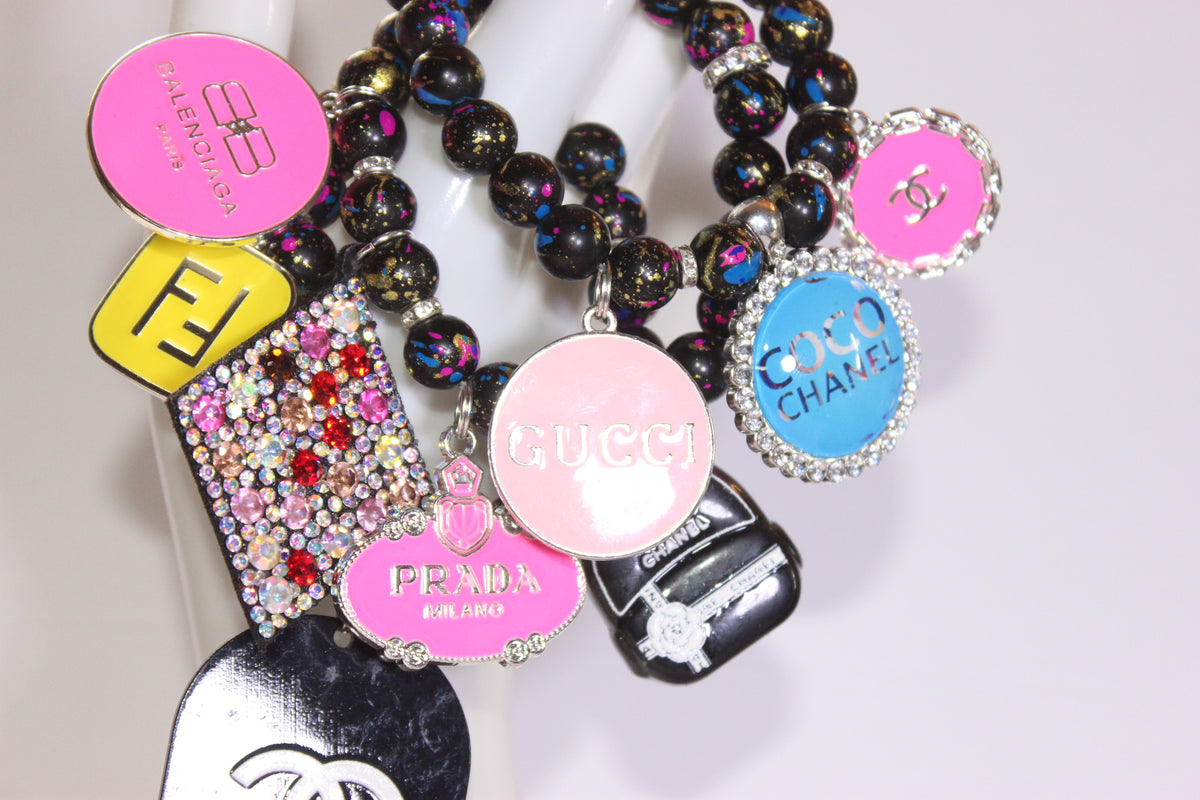 Black Multicolored 3 Piece Charm Bracelet Set (Silver)