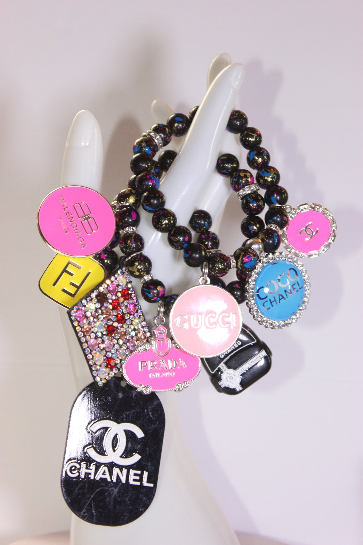 Black Multicolored 3 Piece Charm Bracelet Set (Silver)