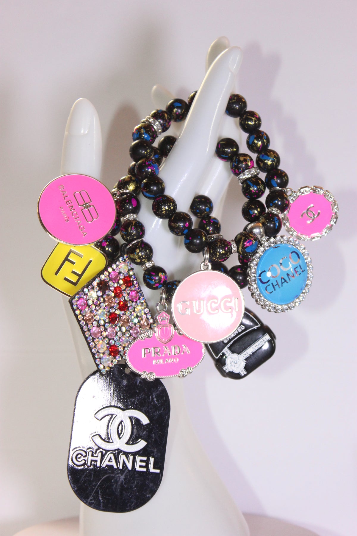 Black Multicolored 3 Piece Charm Bracelet Set (Silver)