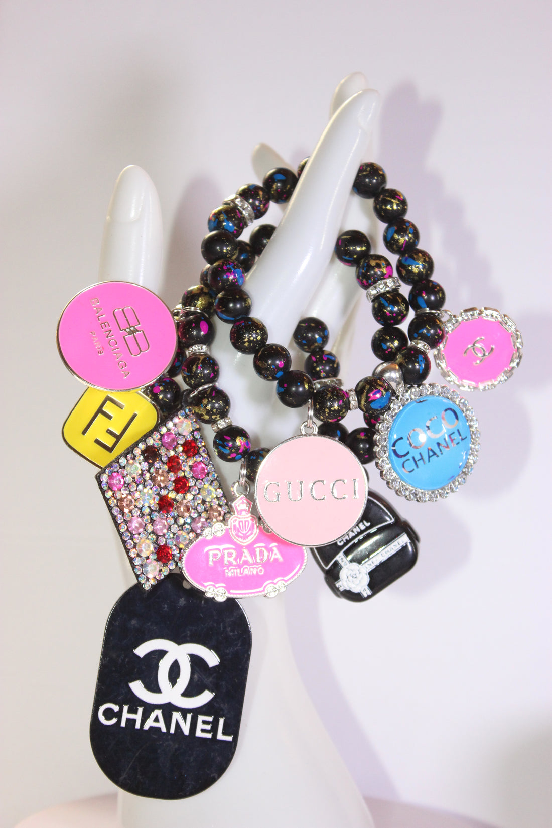 Black Multicolored 3 Piece Charm Bracelet Set (Silver)
