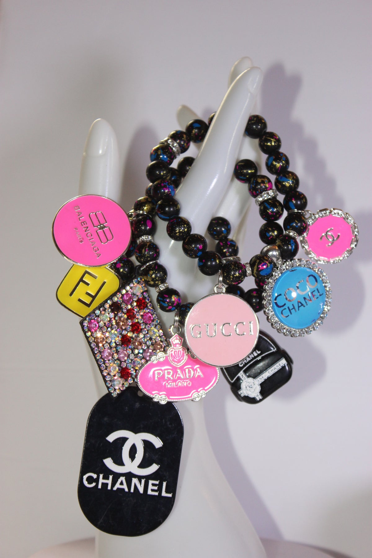 Black Multicolored 3 Piece Charm Bracelet Set (Silver)