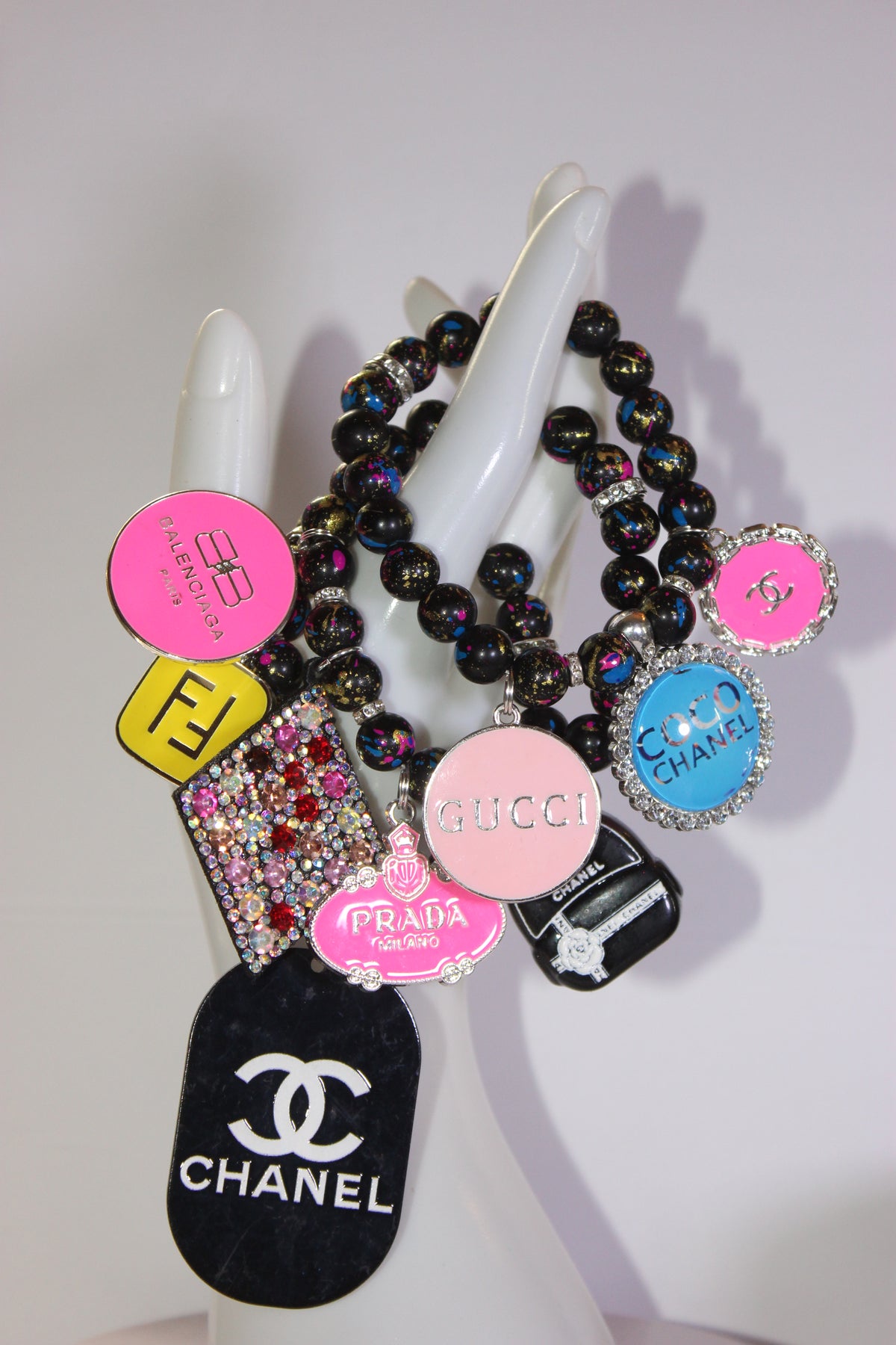Black Multicolored 3 Piece Charm Bracelet Set (Silver)