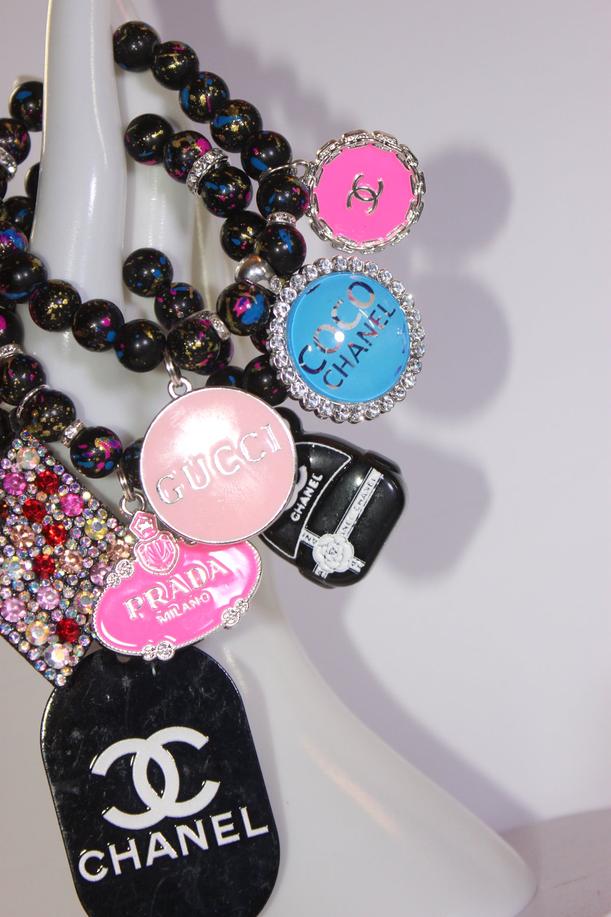 Black Multicolored 3 Piece Charm Bracelet Set (Silver)