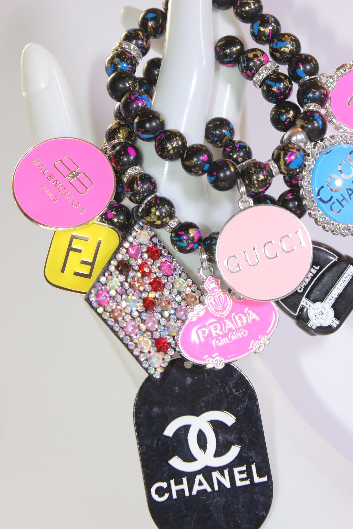 Black Multicolored 3 Piece Charm Bracelet Set (Silver)